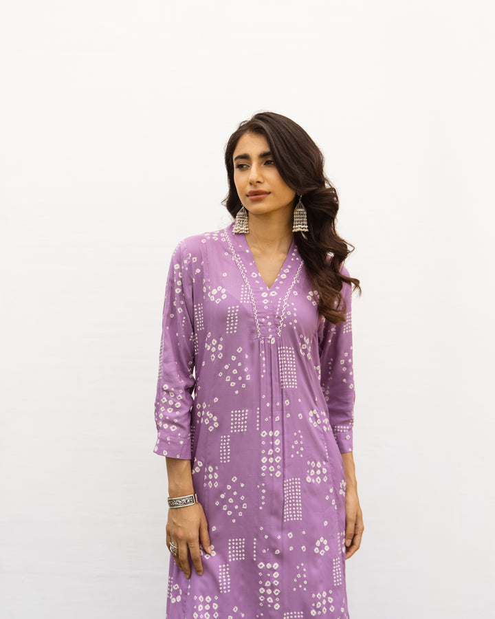 Lavender Cotton Handloom V-Neck Kurta For Women's
