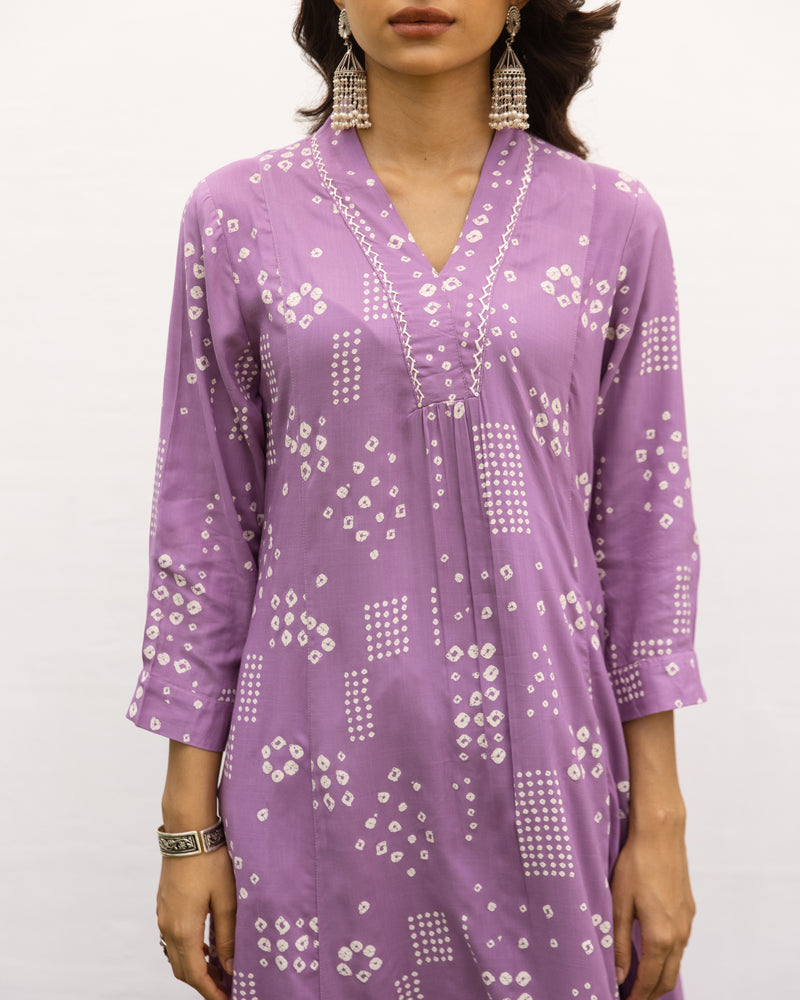 Lavender Cotton Handloom V-Neck Kurta For Women's