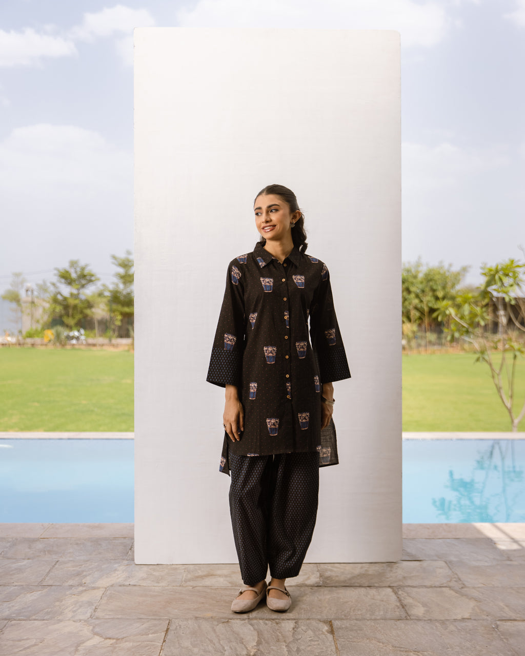 Black Cotton Printed Kurta Pant Set For Women's