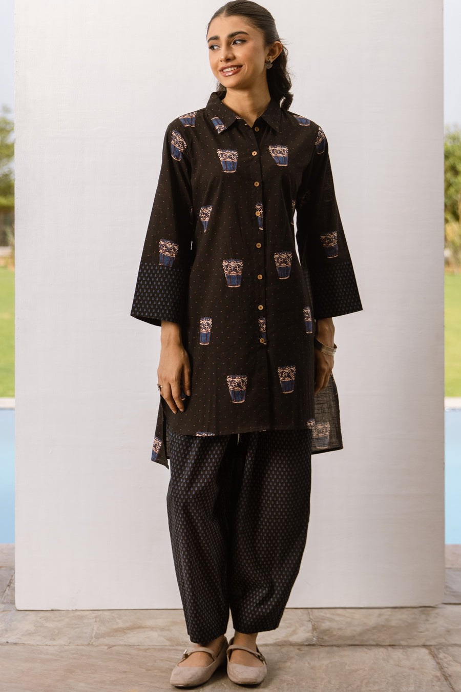 Black Cotton Printed Kurta Pant Set For Women's