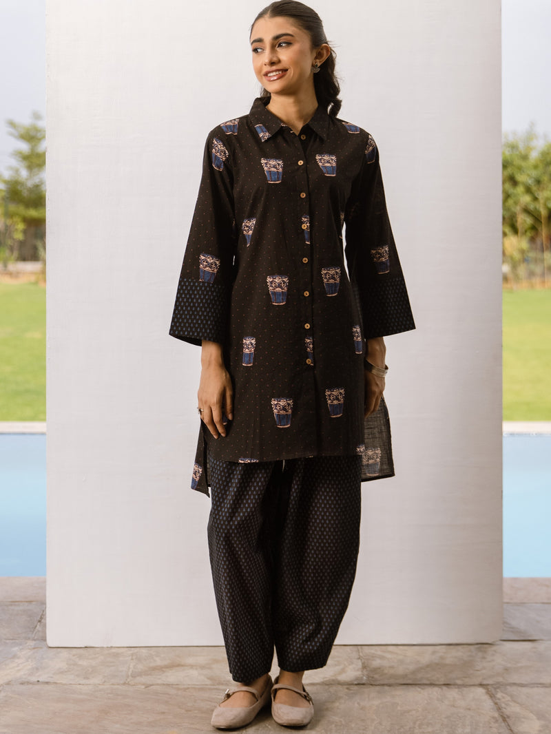 Black Cotton Printed Kurta Pant Set For Women's