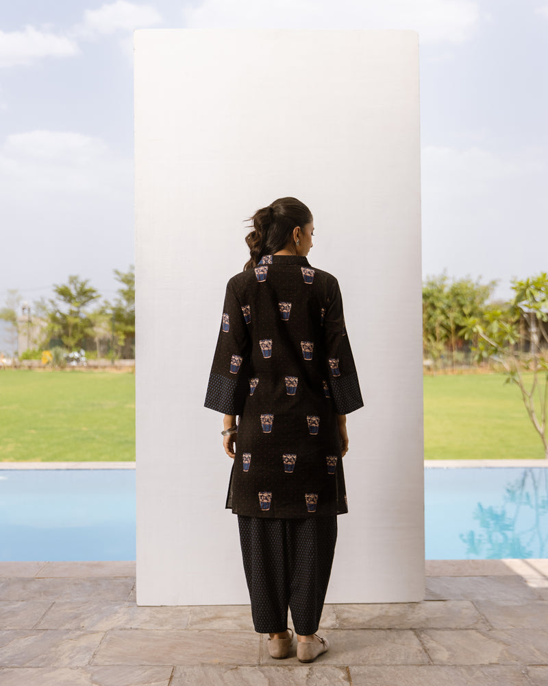 Black Cotton Printed Kurta Pant Set For Women's