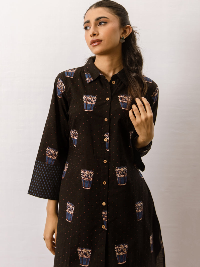Black Cotton Printed Kurta Pant Set For Women's