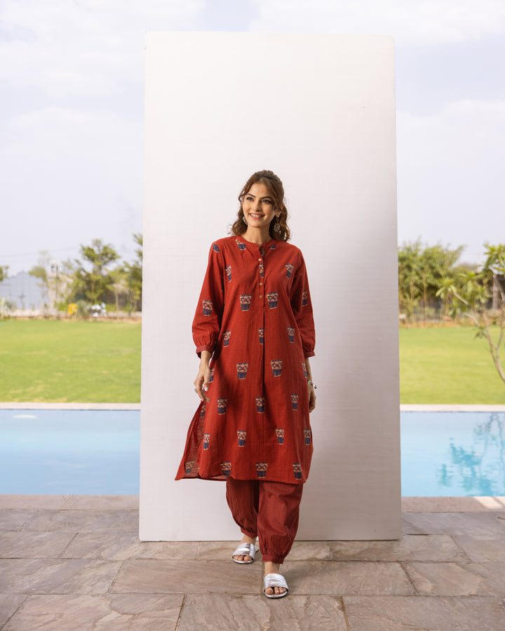 Rust Red Cotton Printed Kurta Pant Set For Women's
