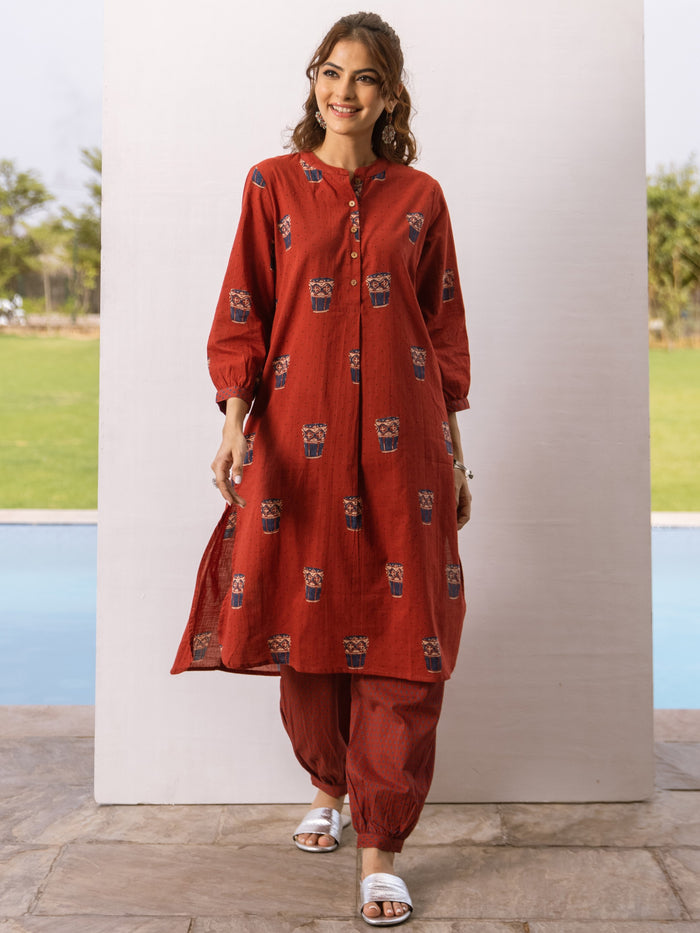 Rust Red Cotton Printed Kurta Pant Set For Women's