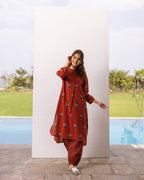 Rust Red Cotton Printed Kurta Pant Set For Women's