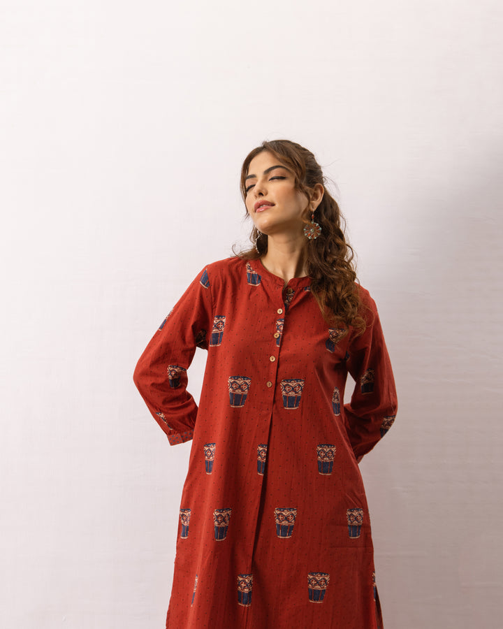 Rust Red Cotton Printed Kurta Pant Set For Women's