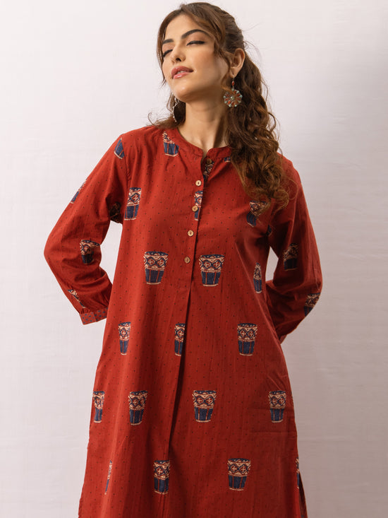 Rust Red Cotton Printed Kurta Pant Set For Women's