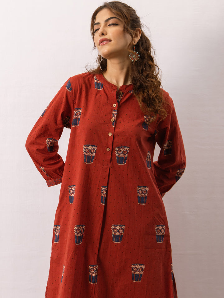 Rust Red Cotton Printed Kurta Pant Set For Women's