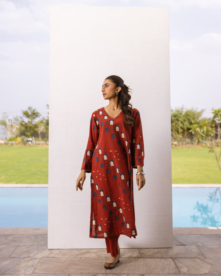 Rust Red Cotton Kurta Pant Set For Women's