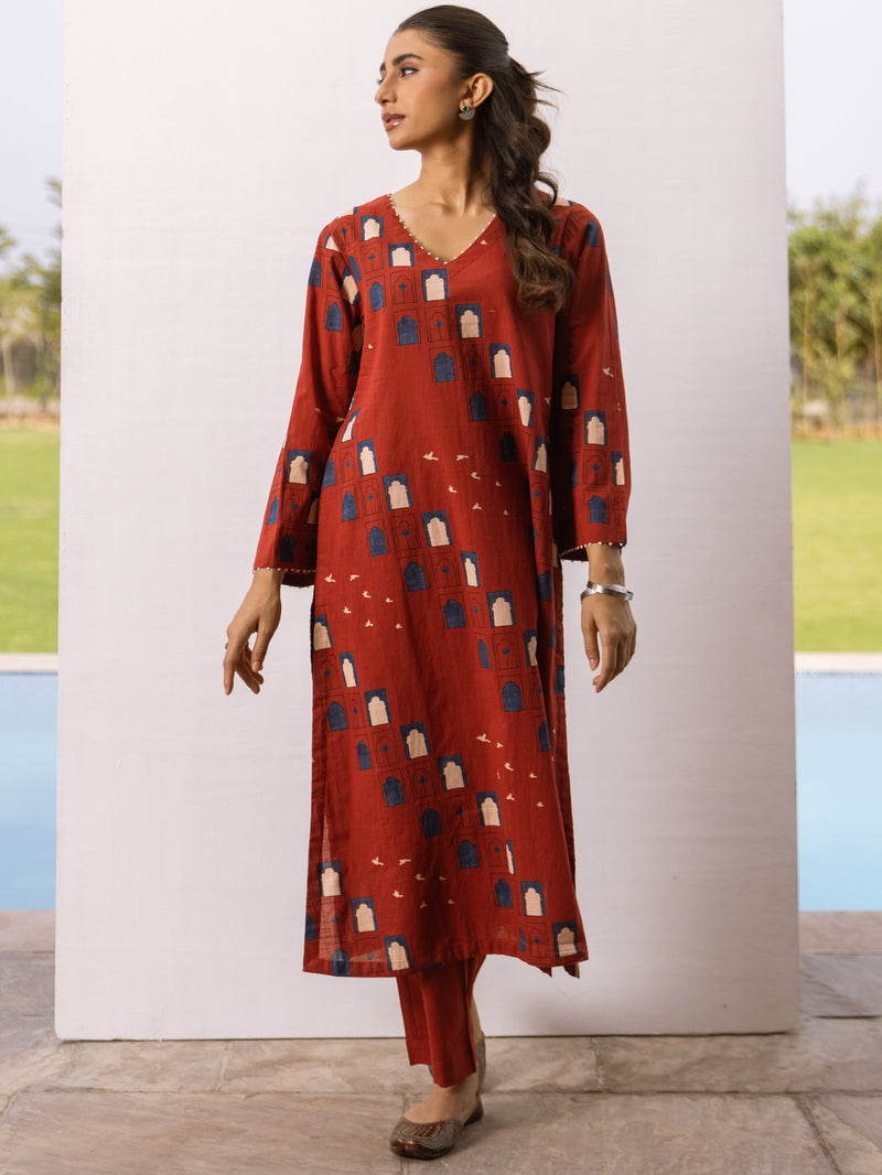 Rust Red Cotton Kurta Pant Set For Women's