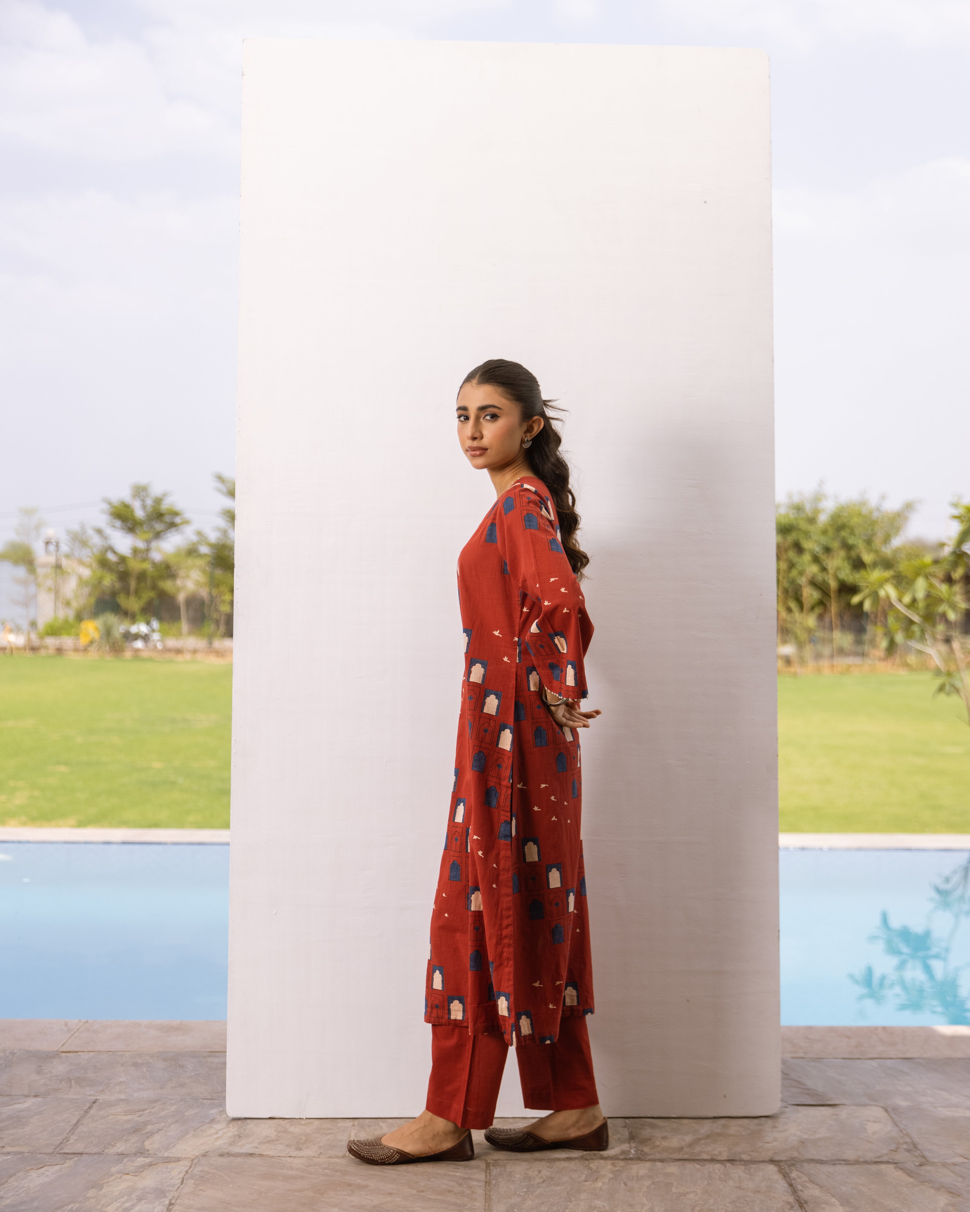 Rust Red Cotton Kurta Pant Set For Women's
