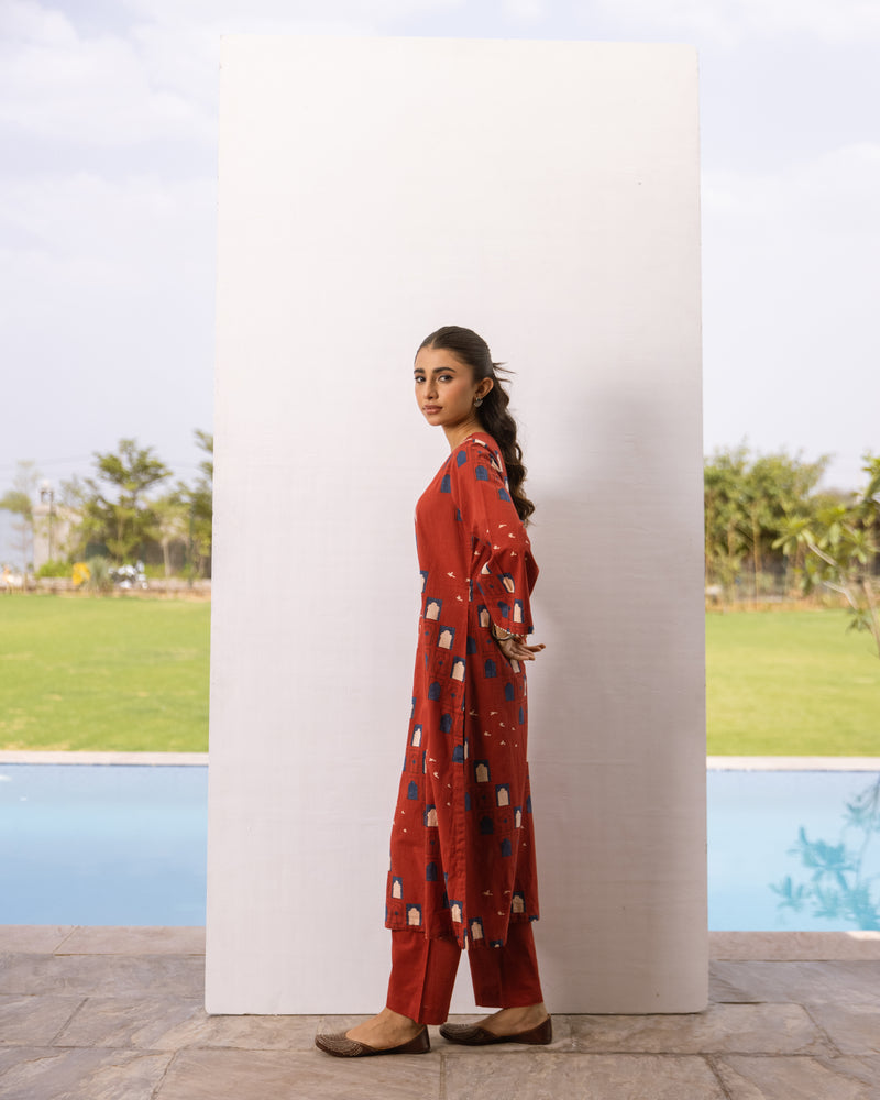 Rust Red Cotton Kurta Pant Set For Women's
