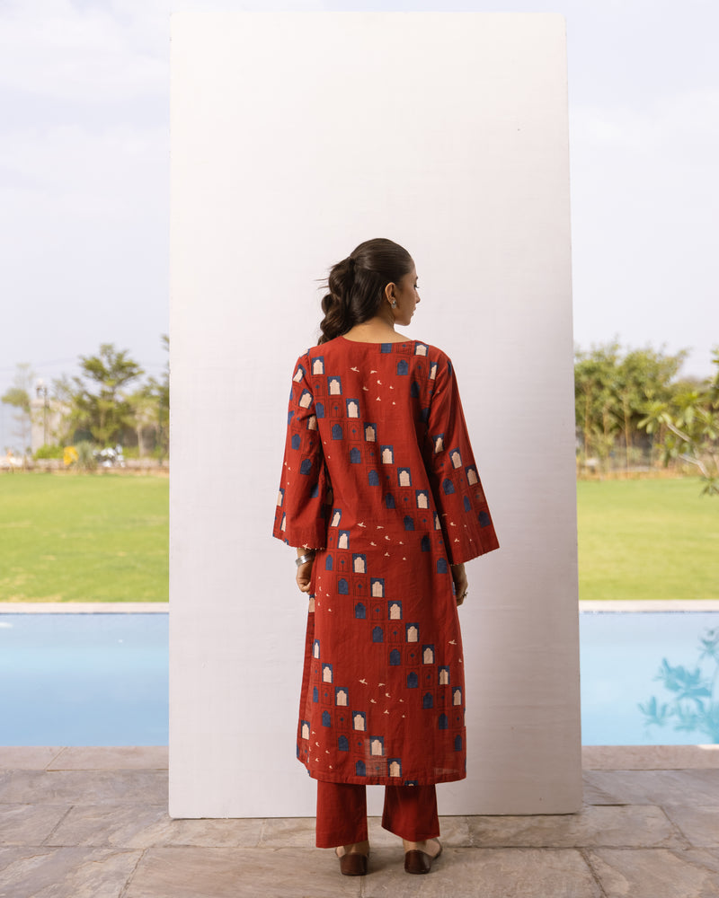 Rust Red Cotton Kurta Pant Set For Women's
