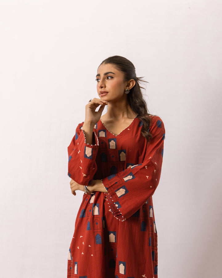 Rust Red Cotton Kurta Pant Set For Women's