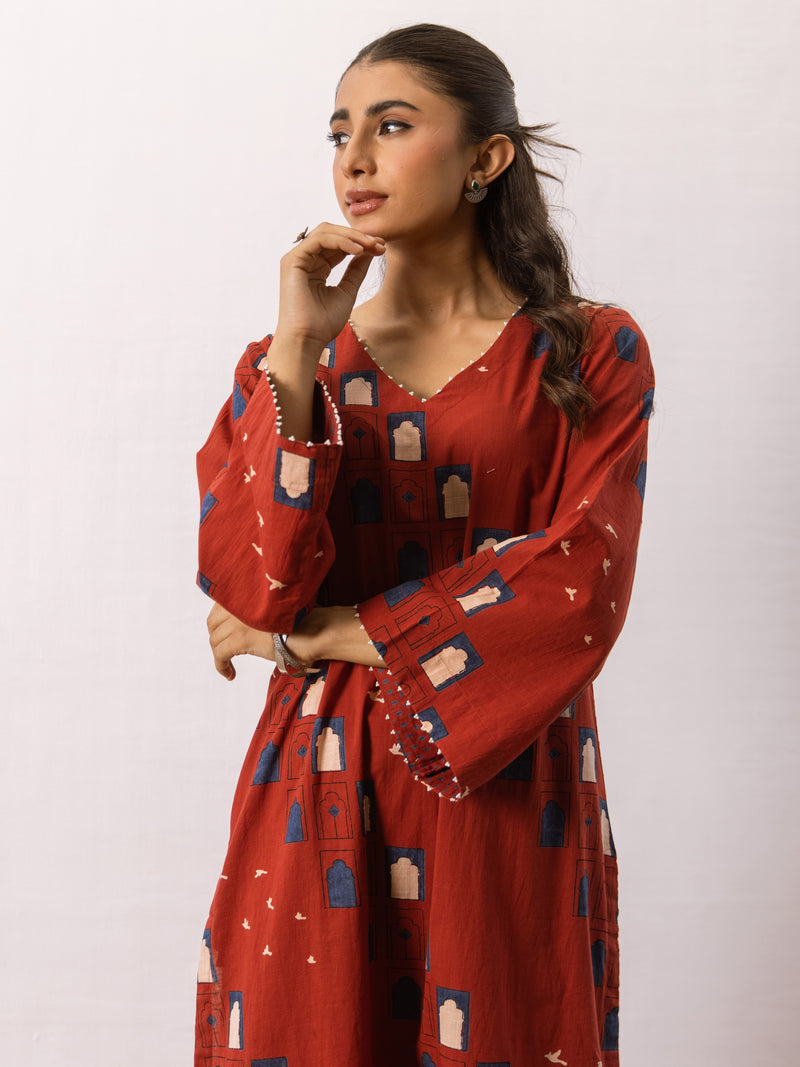 Rust Red Cotton Kurta Pant Set For Women's