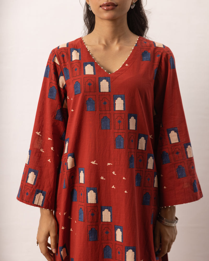 Rust Red Cotton Kurta Pant Set For Women's