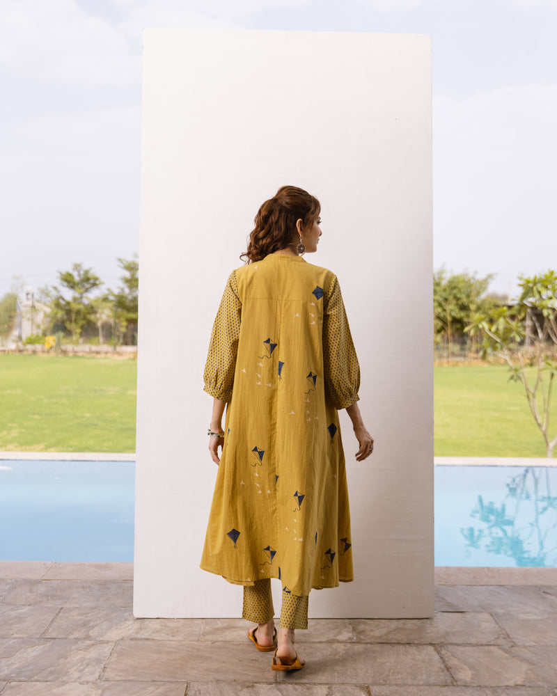 Mustard Cotton Slub Kurta Pant Set For Women's
