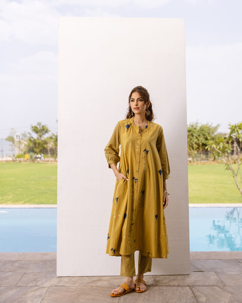 Mustard Cotton Slub Kurta Pant Set For Women's