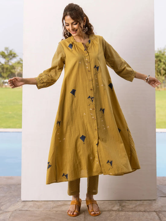 Mustard Cotton Slub Kurta Pant Set For Women's
