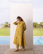 Mustard Cotton Slub Kurta Pant Set For Women's