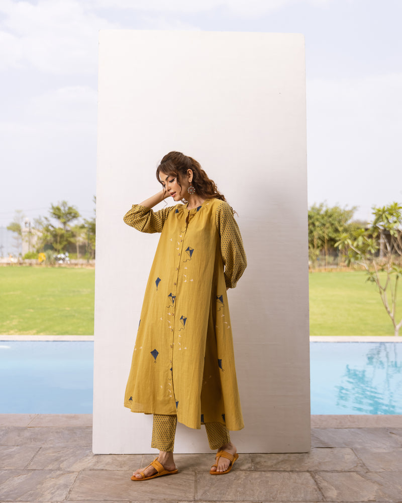 Mustard Cotton Slub Kurta Pant Set For Women's