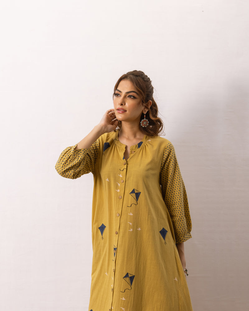 Mustard Cotton Slub Kurta Pant Set For Women's