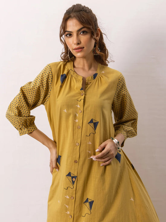 Mustard Cotton Slub Kurta Pant Set For Women's