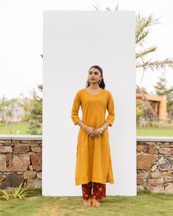 Mustard Cotton Slub Kurta For Women's