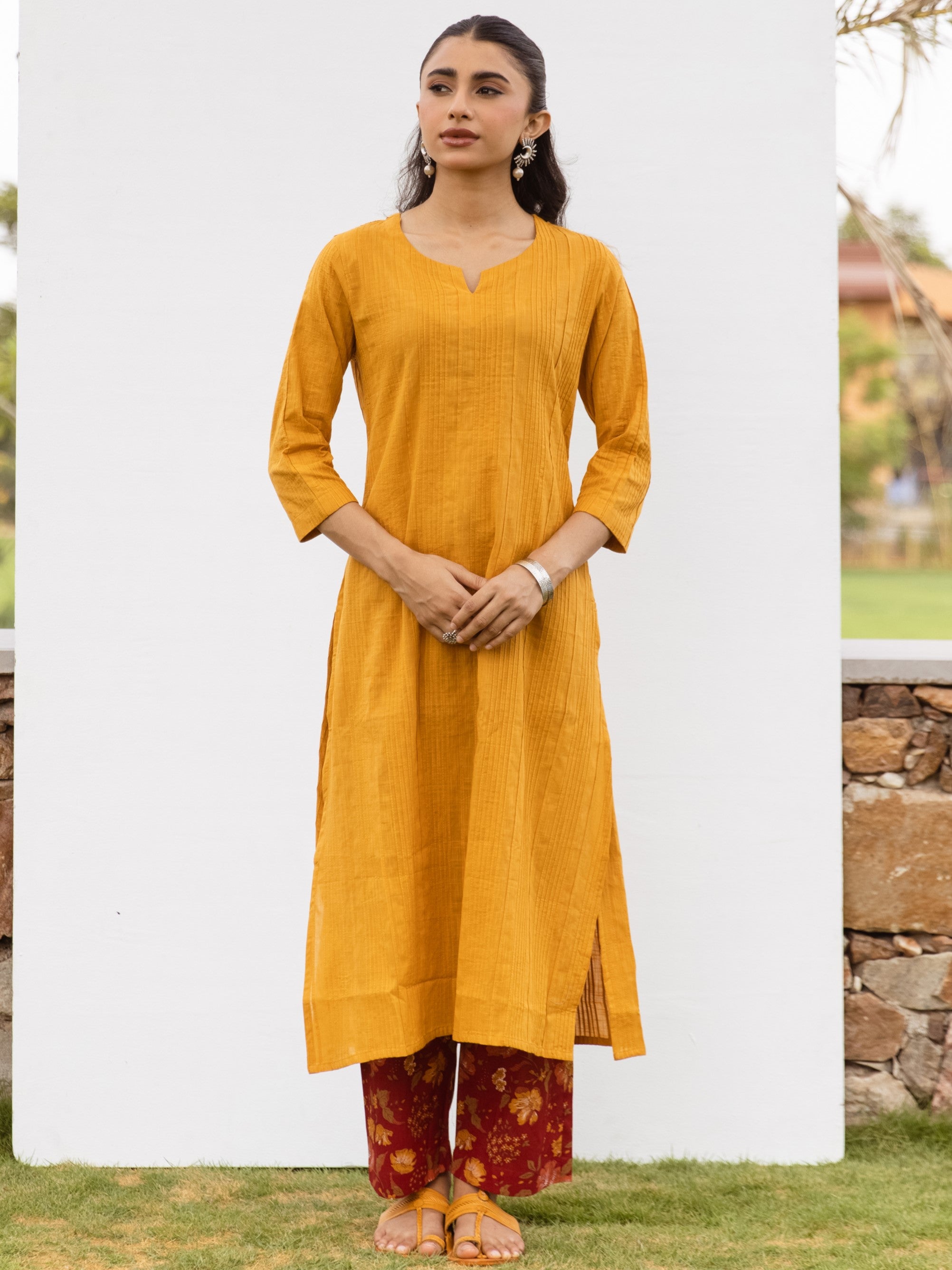 Mustard Cotton Slub Kurta For Women's
