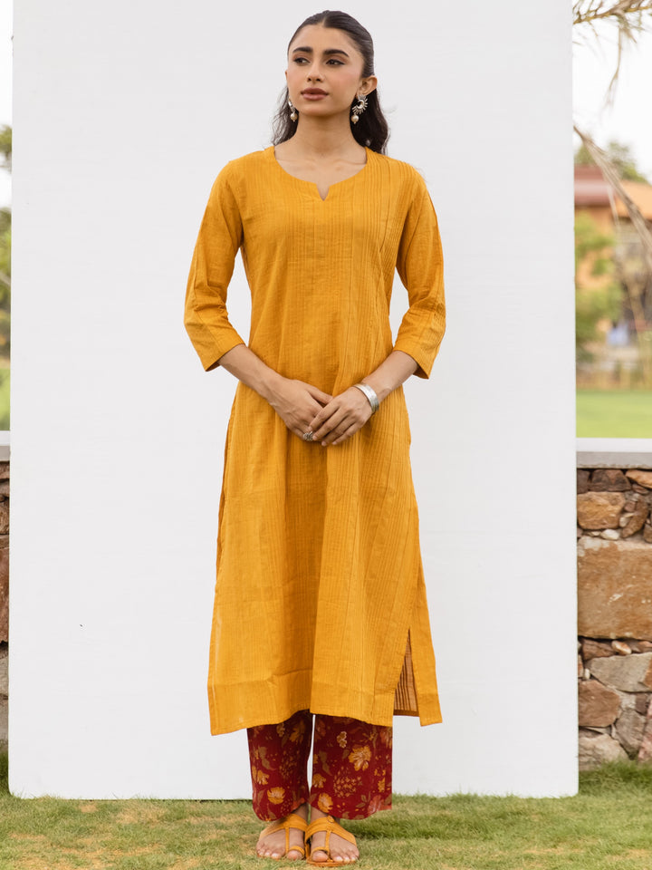 Mustard Cotton Slub Kurta For Women's