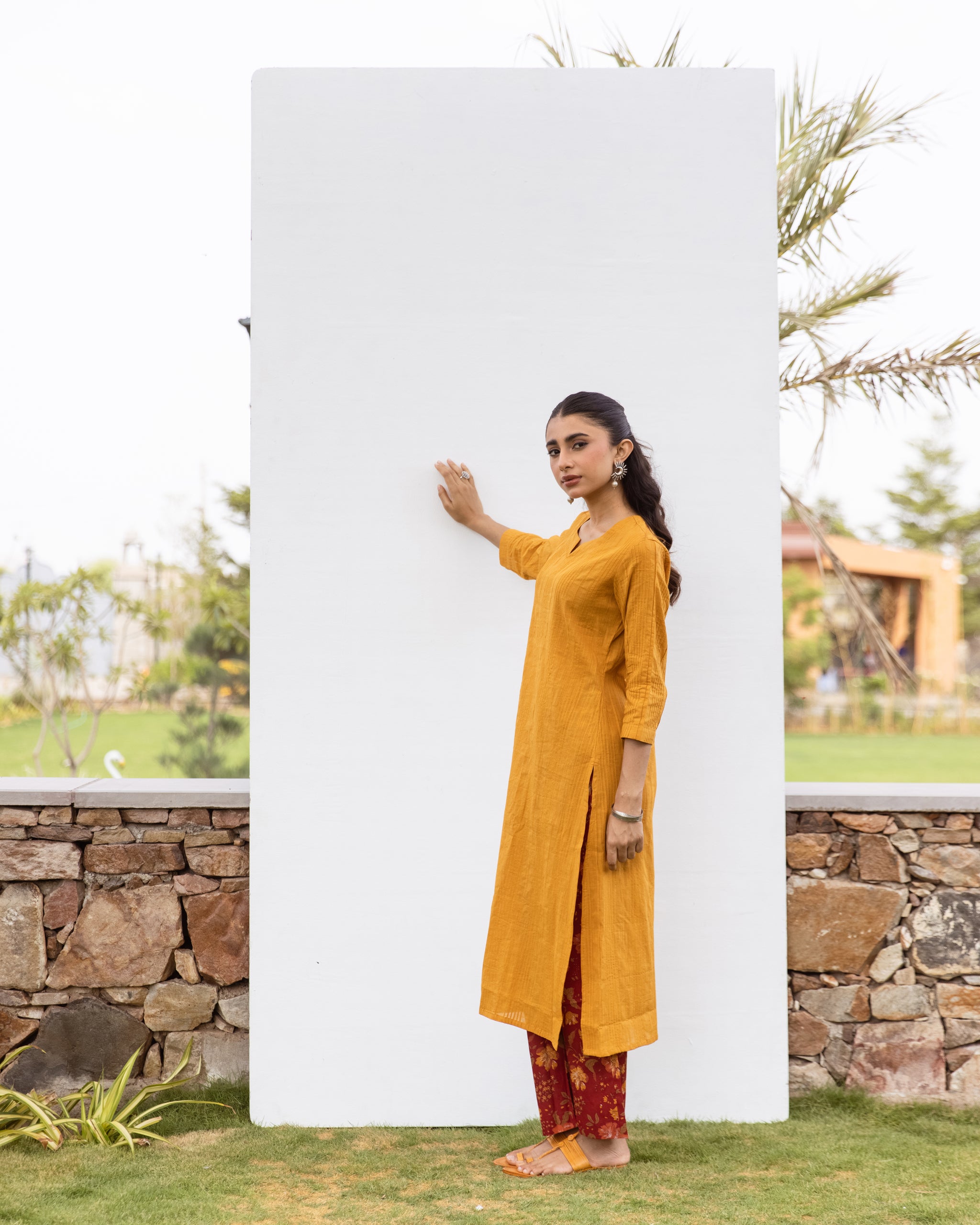 Mustard Cotton Slub Kurta For Women's
