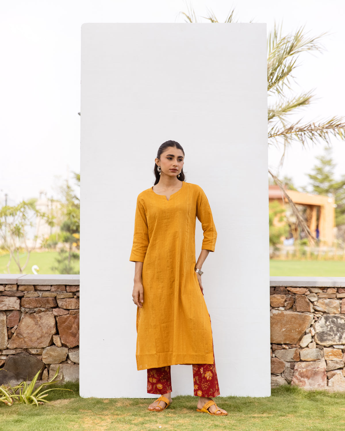 Mustard Cotton Slub Kurta For Women's