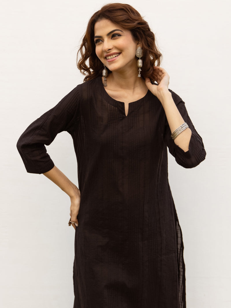 Black Cotton Slub Round Neck Kurta For Women's