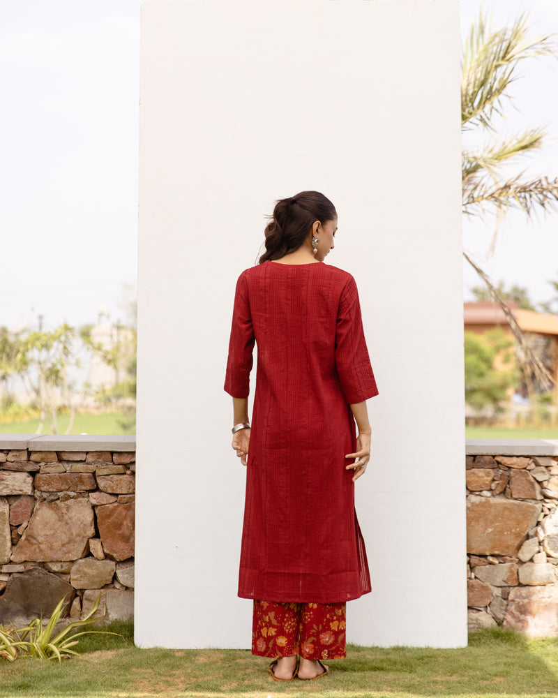 Maroon Cotton Slub Kurta For Women's