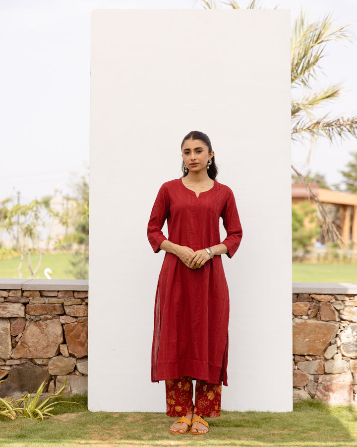 Maroon Cotton Slub Kurta For Women's