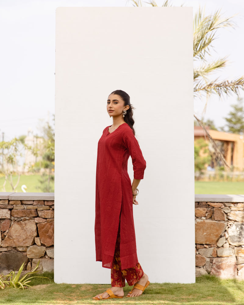 Maroon Cotton Slub Kurta For Women's