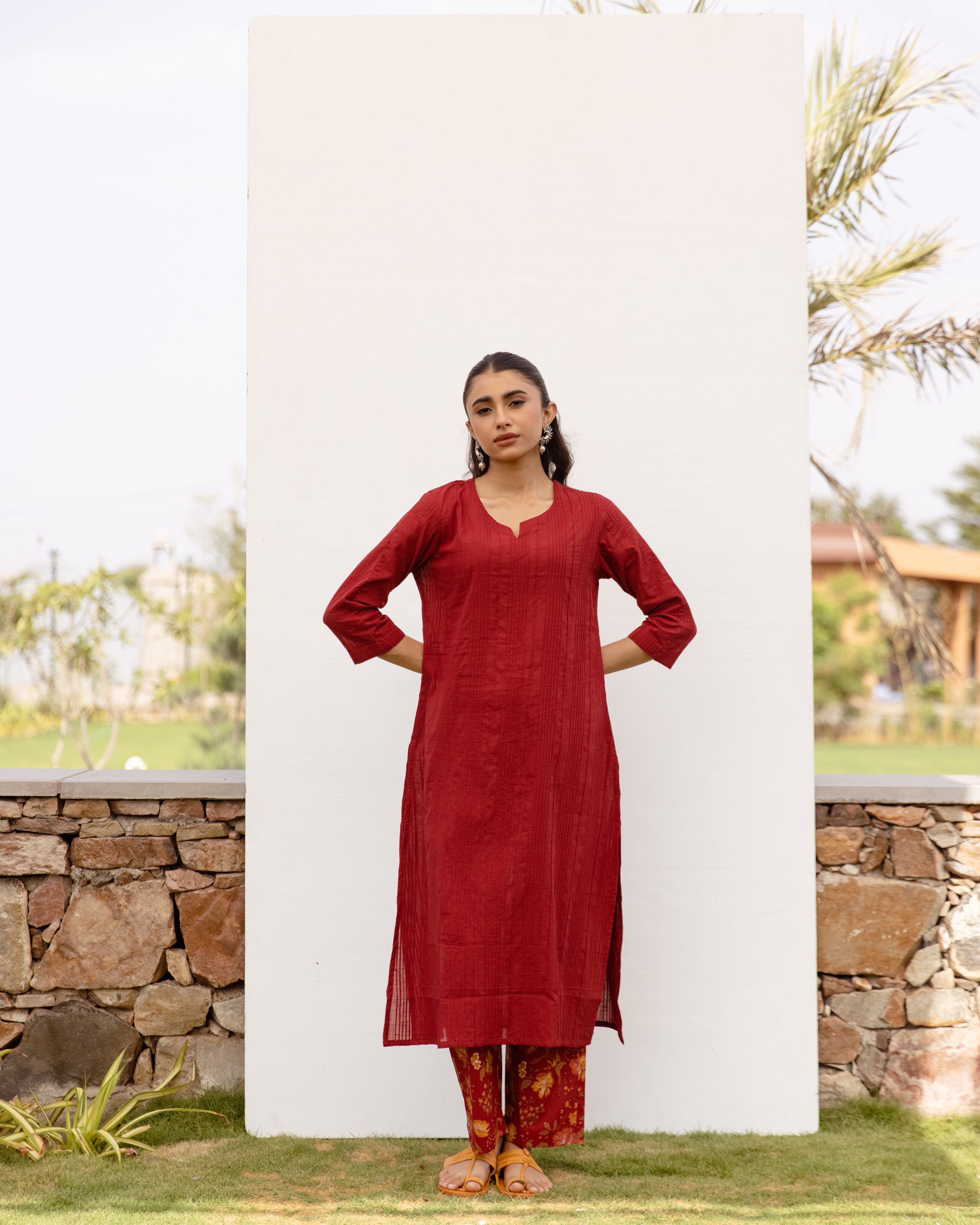 Maroon Cotton Slub Kurta For Women's