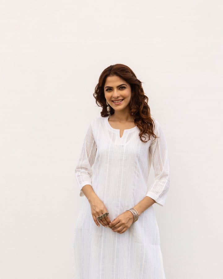 White Cotton Slub Round Neck Kurta For Women's
