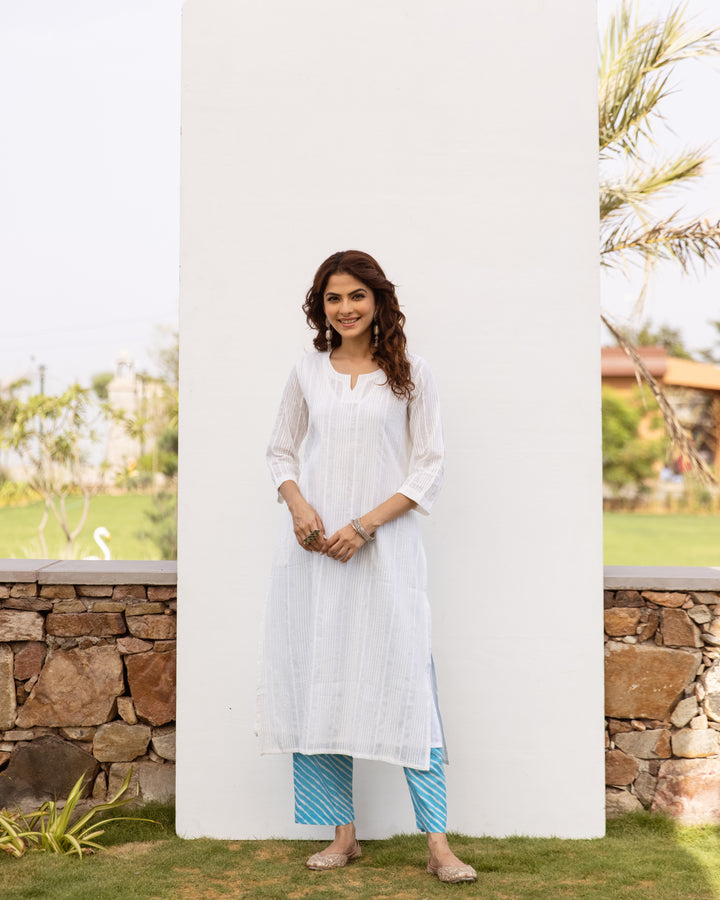 White Cotton Slub Round Neck Kurta For Women's