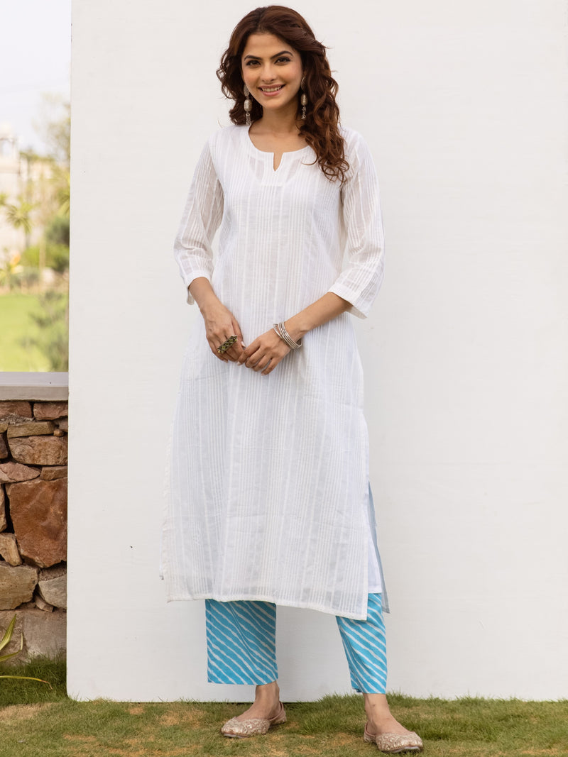 White Cotton Slub Round Neck Kurta For Women's