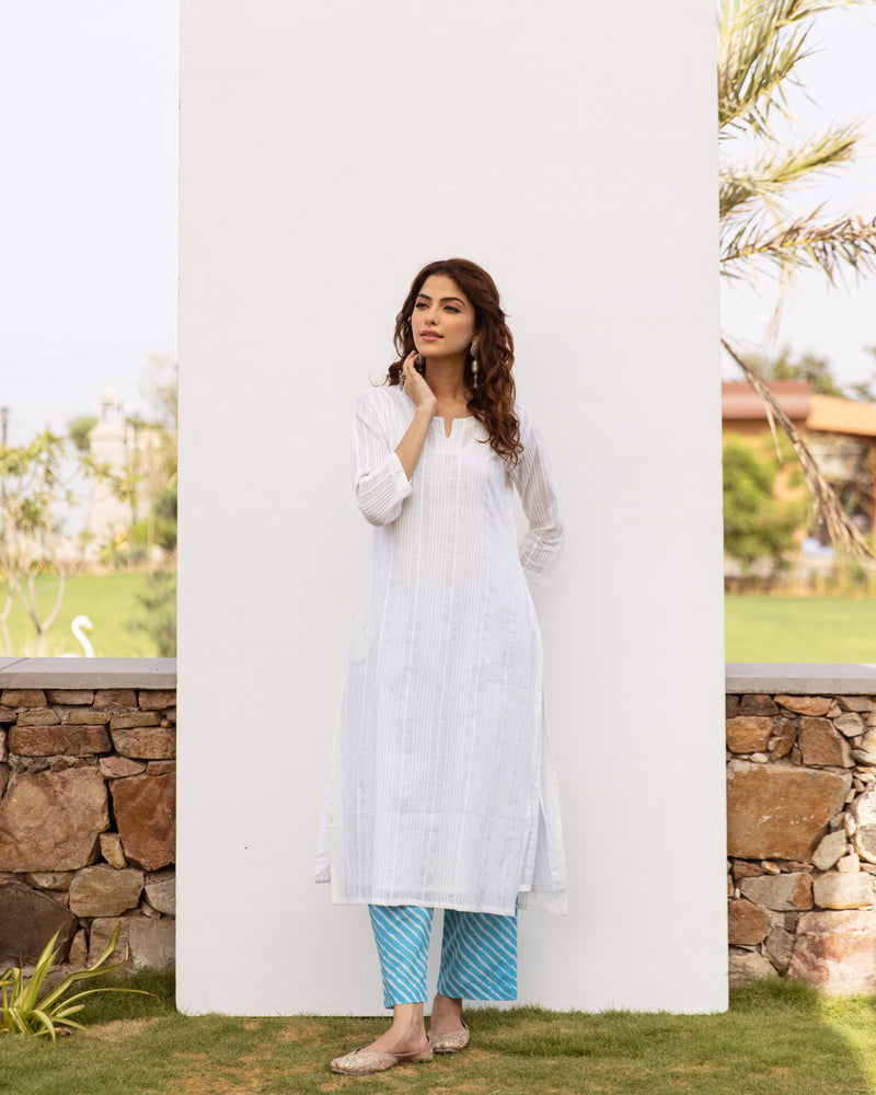 White Cotton Slub Round Neck Kurta For Women's