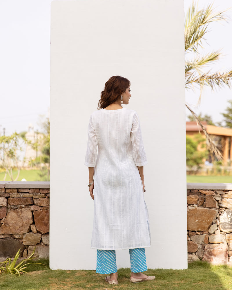 White Cotton Slub Round Neck Kurta For Women's