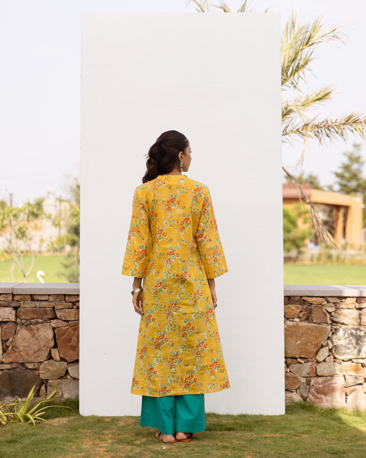 Yellow Cotton Round Neck Floral Print Kurta For Women's