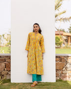 Yellow Cotton Round Neck Floral Print Kurta For Women's