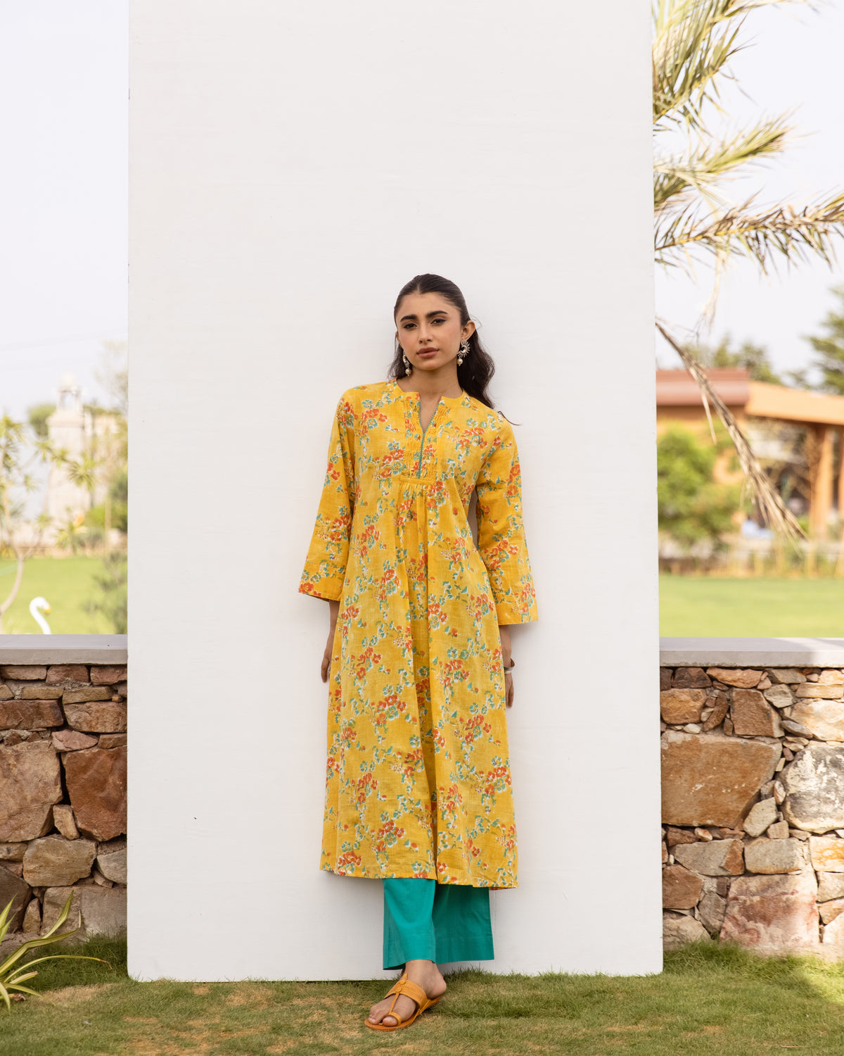 Yellow Cotton Round Neck Floral Print Kurta For Women's