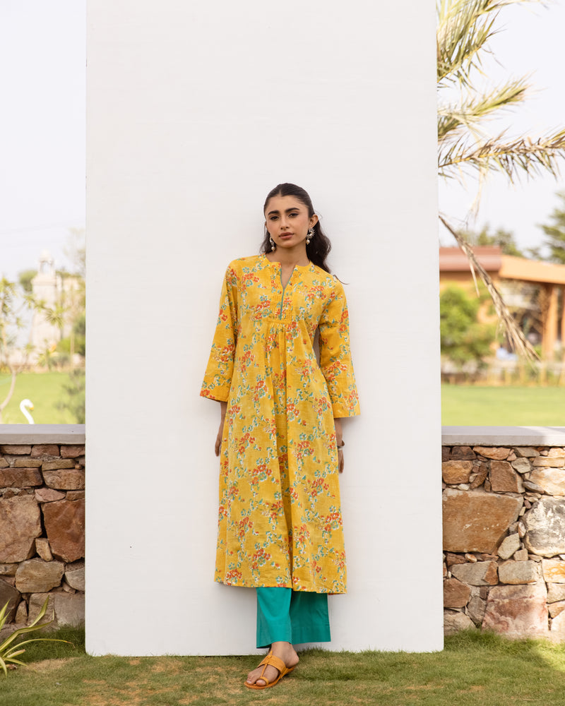 Yellow Cotton Round Neck Floral Print For Women's