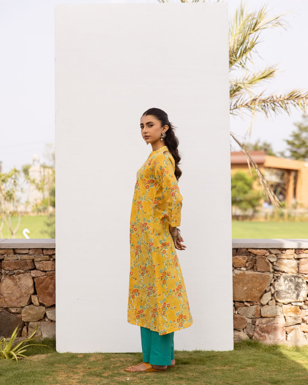 Yellow Cotton Round Neck Floral Print Kurta For Women's