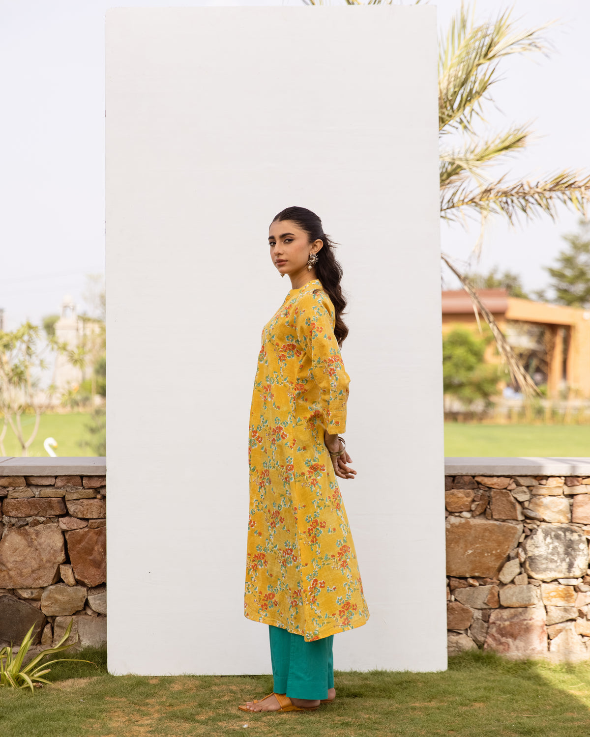 Yellow Cotton Round Neck Floral Print Kurta For Women's