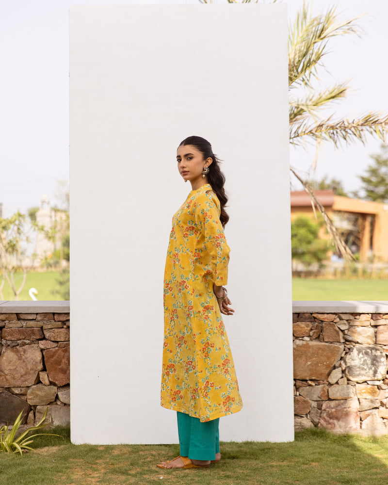 Yellow Cotton Round Neck Floral Print For Women's